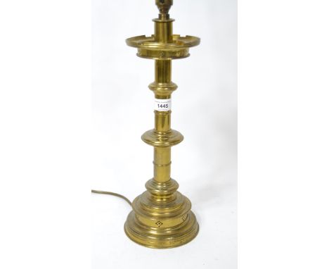 Large brass altar candlestick adapted for use as a table lamp 