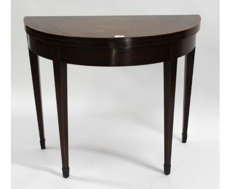 George III mahogany line inlaid demi lune fold-over card table on square tapering supports, 74cm high x 89cm wide x 44cm deep
