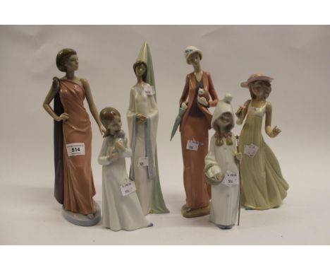 Five various Nao figures together with a small Lladro figure of a girl and three modern pottery groups of stylised figures 