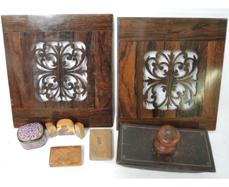 Small burr wood snuff, box olive wood vesta case, two rosewood fretwork panels, ink blotter, quantity of plated flatware and 