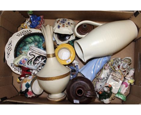 Continental pottery jug vase with dragon handle, Poole pottery jug, various pottery and porcelain figures and sundries 