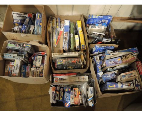 Six boxes containing a large quantity of unbuilt model aircraft kits including Frog, Airfix, Revell etc. 