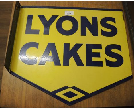 Original double sided early 20th Century enamel advertising sign for Lyons cakes, 40cm high x 45cm wide 