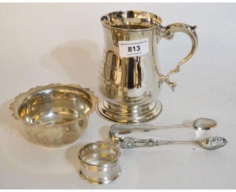 20th Century Birmingham silver baluster form mug (engraved), together with a circular silver sugar basin, pair of silver suga