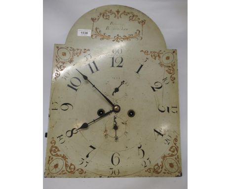 19th Century arched top longcase clock dial and movement, the painted dial inscribed Brookes, Birmingham, with Arabic numeral