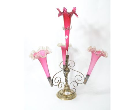 Silver plated four branch cranberry and white ribbon glass epergne (at fault) 