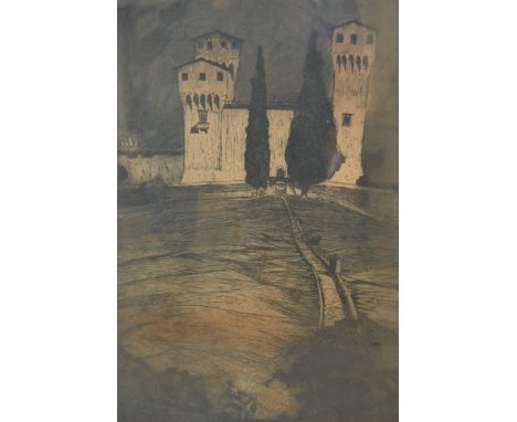 Francesco Chiapelli, Italian signed etching, castle with figures 