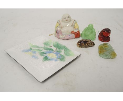 Carved jade pendant, two small figures of Buddha, a netsuke, rectangular enamel dish, brass shoe horn and a pottery figure of