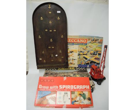 Boxed Scalextric set No. 50, boxed Meccano Airport Service set No. 4, Tri-ang tin plate toy crane, boxed Spirograph set and a