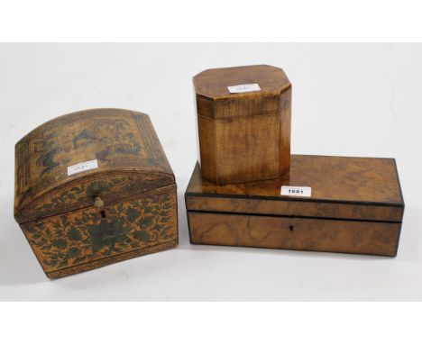 Rectangular figured walnut glove box, together with a small octagonal tea caddy and a small painted dome top casket 