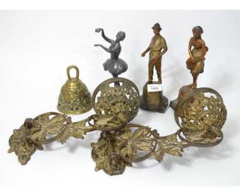 Pair of 1920's French patinated spelter figures of farm workers, a spelter figure of a ballerina mounted on a later wooden st