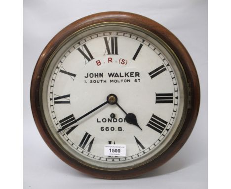 Victorian Southern Railway clock, the 10in dial with Roman numerals inscribed B. R. (S) John Walker, 1 South Molton Street, L