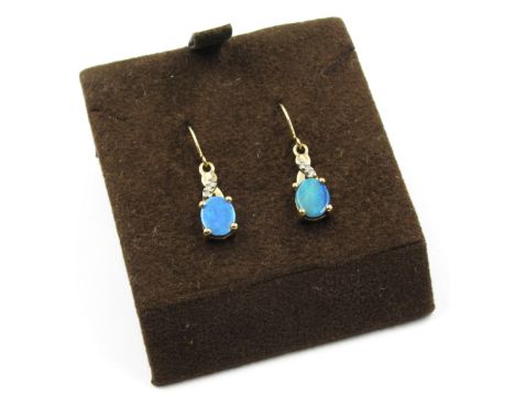 Pair of 10ct gold opal doublet and diamond ear drops 