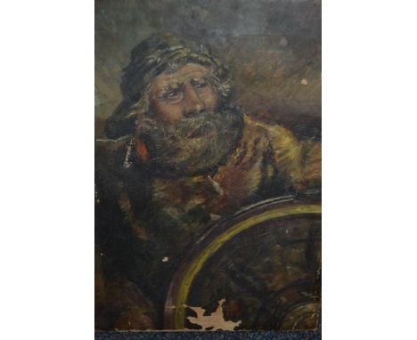 Oil on canvas, portrait of a mariner (canvas at fault), 44 x 31cm, unframed, together with a large coloured oleograph, Contin
