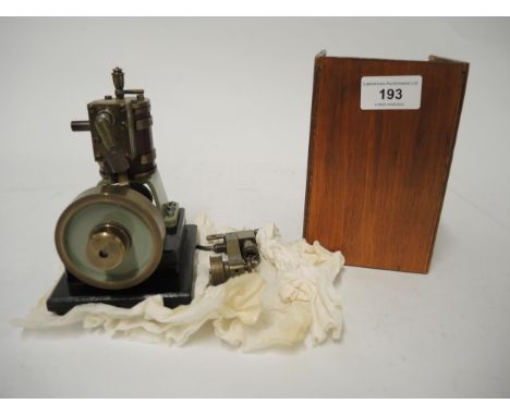 Small mid 20th Century mahogany, brass and steel model steam stationary engine in a wooden box, 14cm high approximately 