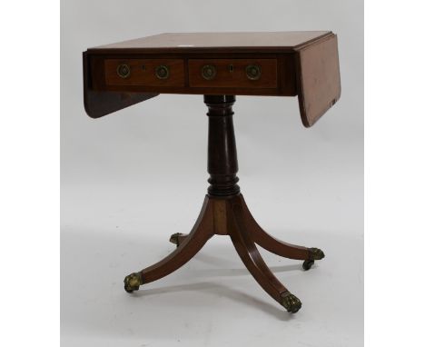 Late 19th Century mahogany crossbanded and inlaid small drop-leaf sofa table, with two frieze drawers, on turned column and s