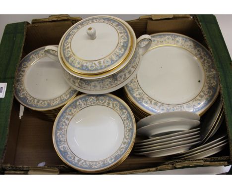 Box of Noritake blue and gilt bordered dinnerware, including two handled tureen etc. 
