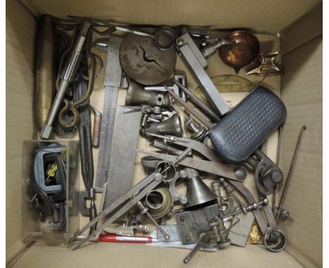 Box containing a collection of various precision callipers and tools including miniature clamps etc. 