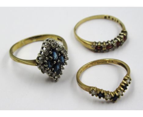 9ct Gold sapphire and diamond cluster ring, size R, together with two other 9ct gold dress rings, gross weight 5.7g 