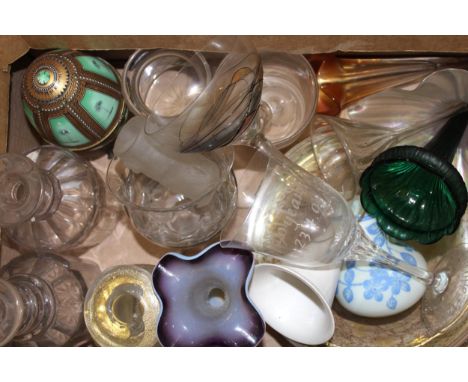 Modern painted opaque glass egg form box, two 19th Century decanters, small cameo glass vase, miscellaneos epergne stems and 