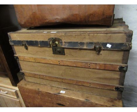 Late 19th / early 20th Century canvas and oak travel trunk, with brass lock and iron side carrying handles48c x 88cm x 53cm d