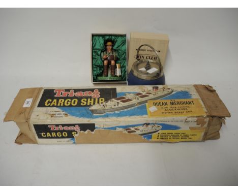 Tri-ang boxed clockwork model of MS Ocean merchant cargo ship (at fault), together with a tin plate figure and a Wedgwood blu