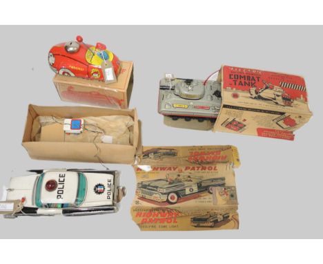 Louis Marx, American boxed battery operated tinplate model combat tank, together with two other boxed tinplate cars 
