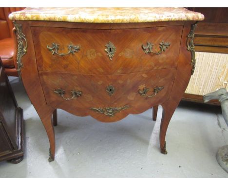 Small French kingwood marquetry and ormolu mounted commode with marble top above two drawers on cabriole supports, 87cm wide 