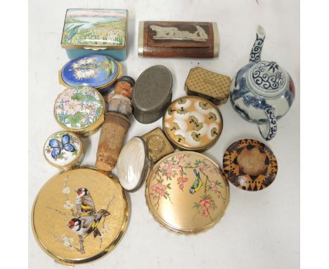 Four modern enamel boxes, three compacts and sundries 