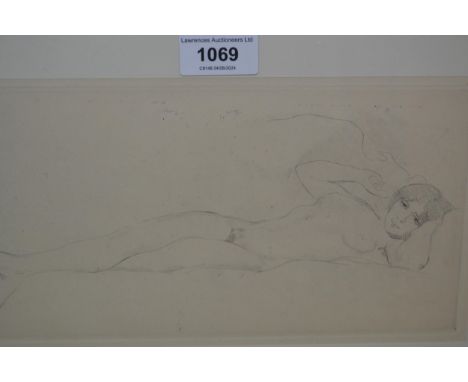 Etching, study of a reclining female nude, unsigned, 13 x 25cm, framed 