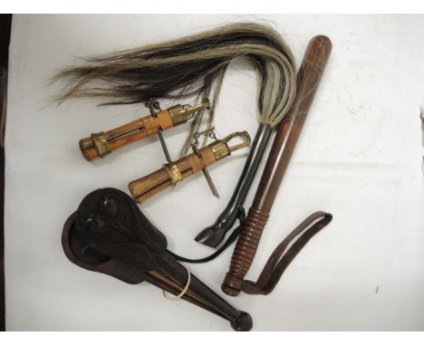 Wooden truncheon, cased pair of opium scales, snooker cue tip file, and sundries 