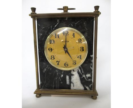 Modern Russian brass and marble mantel clock, inscribed to the dial ' Molnija, Made in USSR ', 16cm high 