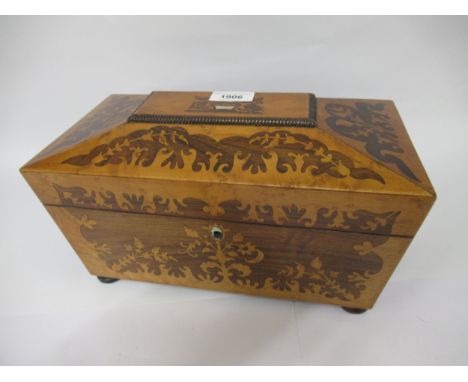 William IV birdseye maple and rosewood sarcophagus shaped tea caddy, the hinged cover enclosing a three division interiorThe 
