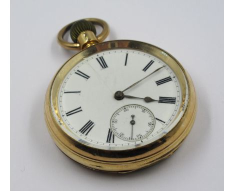 Gold plated open face crown wind pocket watch, the enamel dial with sudsidiary seconds 