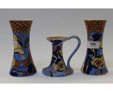 Pair Charlotte Rhead tubeline decorated vases, brown peonies, and a similar candlestick (at fault)Pair of vases are 16cm tall