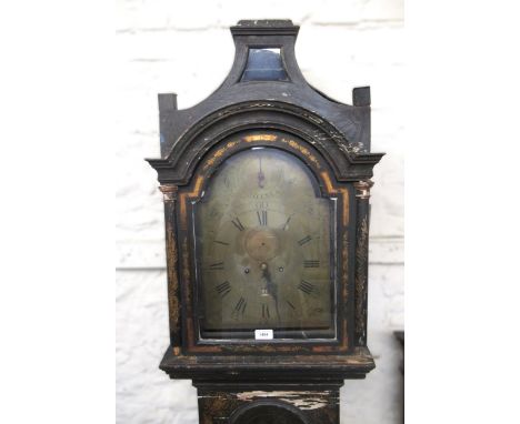 18th Century Chinoiserie lacquer longcase clock, the broken arch hood above an arched panel door and conforming plinth base, 