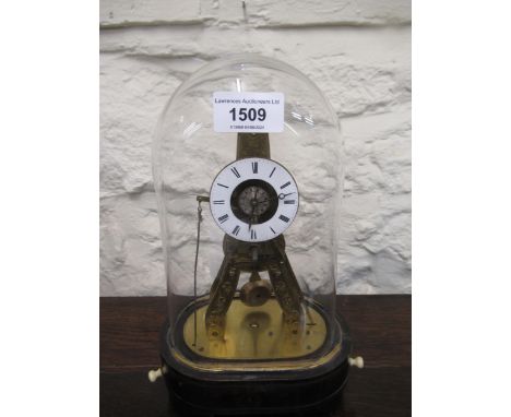 Small 19th Century French skeleton alarm clock, the enamel dial with Roman numerals, with chased decoration and silk suspensi