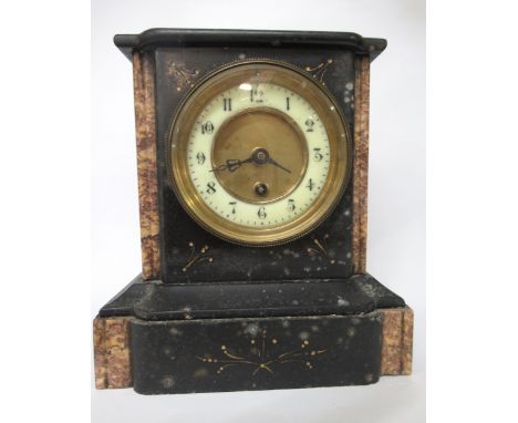 19th Century black slate and marble mounted mantel clock, the circular gilt dial with Arabic numerals, the single train movem