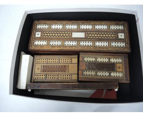 19th Century cribbage box and two later together with a cribbage board and boxed set of cards 