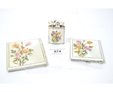 Birmingham silver and white enamel floral decorated cigarette case, compact and matching lighter by Ronson 