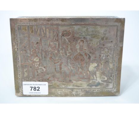 Silver plated on copper rectangular box, the cover engraved with figures in a street scene, inscribed R. Wicker and ' Au Bon 