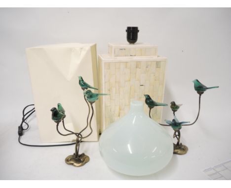 Modern composition table lamp, various items of glassware and fabric 