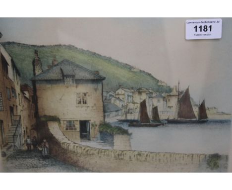 Artist signed etching ' Polperro ', together with a watercolour river landscape and an artist signed lithograph 