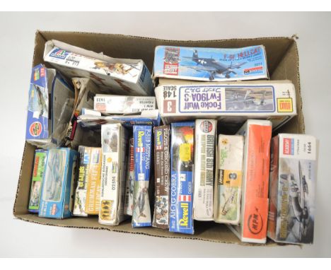 Box containing a quantity of assorted model aircraft kits, including Revel, Airfix etc. 