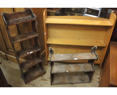 Narrow oak five shelf open bookcase, 101cm high x 34cm wide, together with a modern oak three shelf bookcase and an oak three