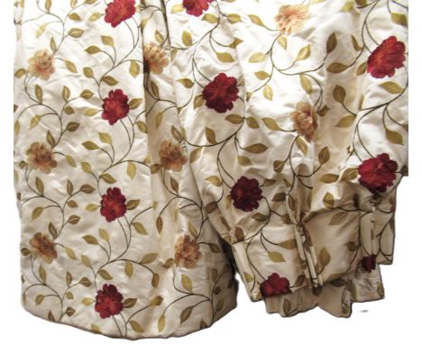 Pair of good quality floral embroidered curtains on a cream ground with linings and pleats, 6ft wide x 4ft drop, together wit