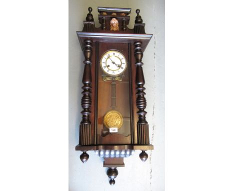 Early 20th Century German Vienna style wall clock, the enamel dial with Roman numerals and two train movement striking on a g