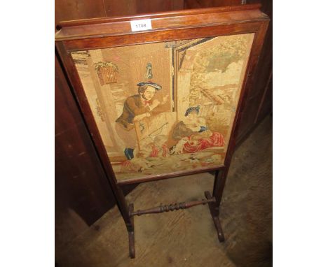 19th Century mahogany framed screen with needlework panel depicting a family scene with children playing with kittens, 100cm 