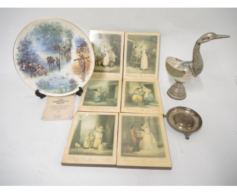 Silver plated and mother of pearl shell form figure of a bird, together with a plated dish, Royal Doulton ' The Forgotten Arm