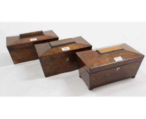 19th Century rosewood sarcophagus shaped tea caddy, together with two similar mahogany tea caddies with glass linersAll are i